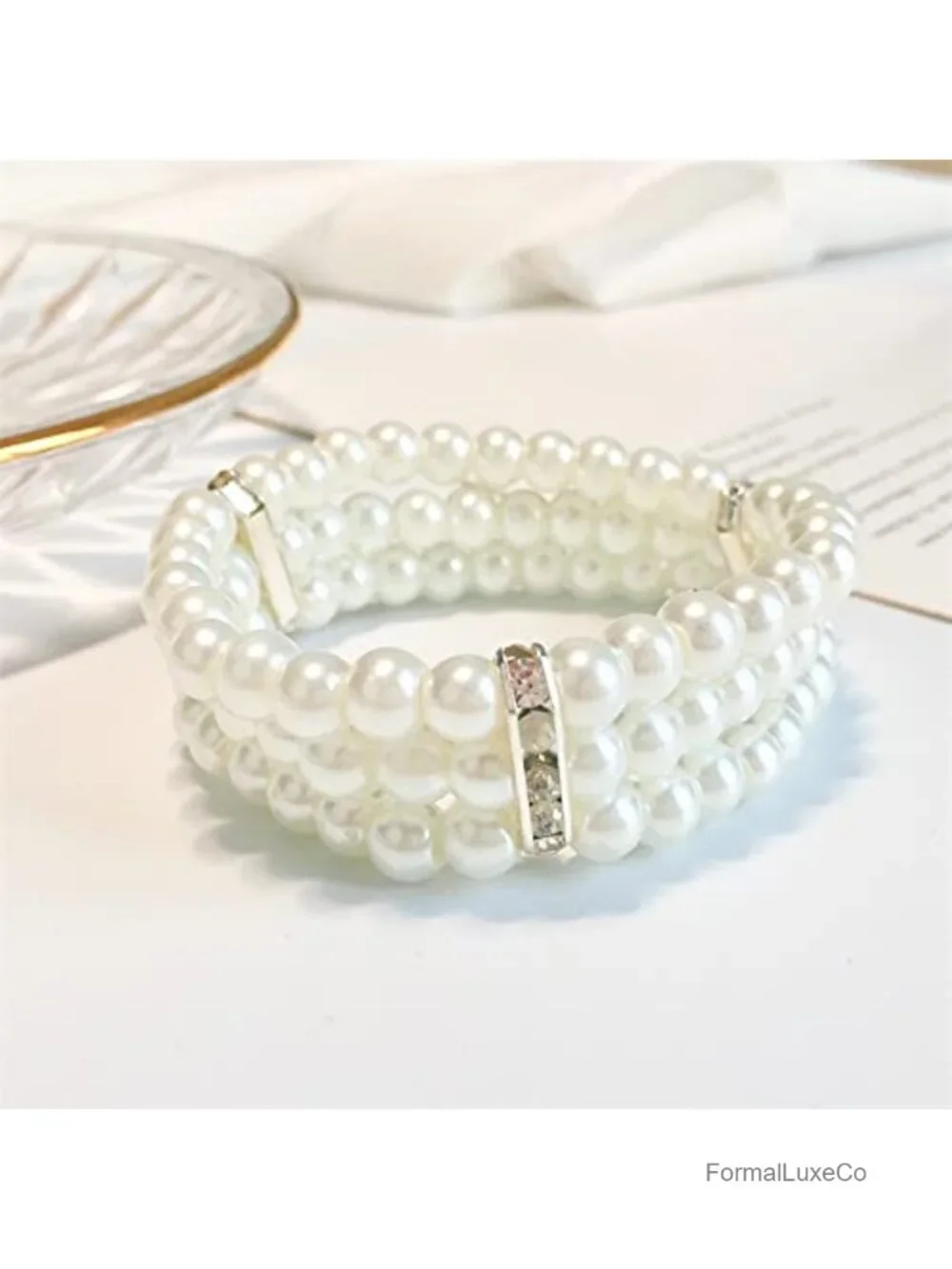 2pcs 3-Row Stretch Pearl Bracelet Multi-layered Elastic Bangle Bridal Wedding